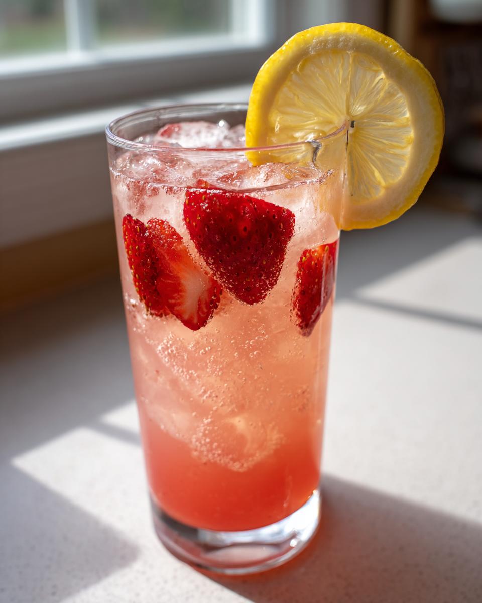 Close-up of a tall glass filled with pink Strawberry Lemonade, ice, sliced strawberries, and a lemon wheel garnish.