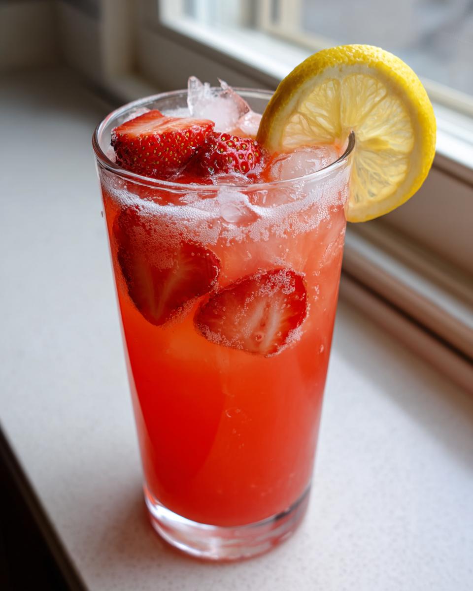 A tall glass filled with bright red Strawberry Lemonade, ice, sliced strawberries, and a lemon wheel garnish.
