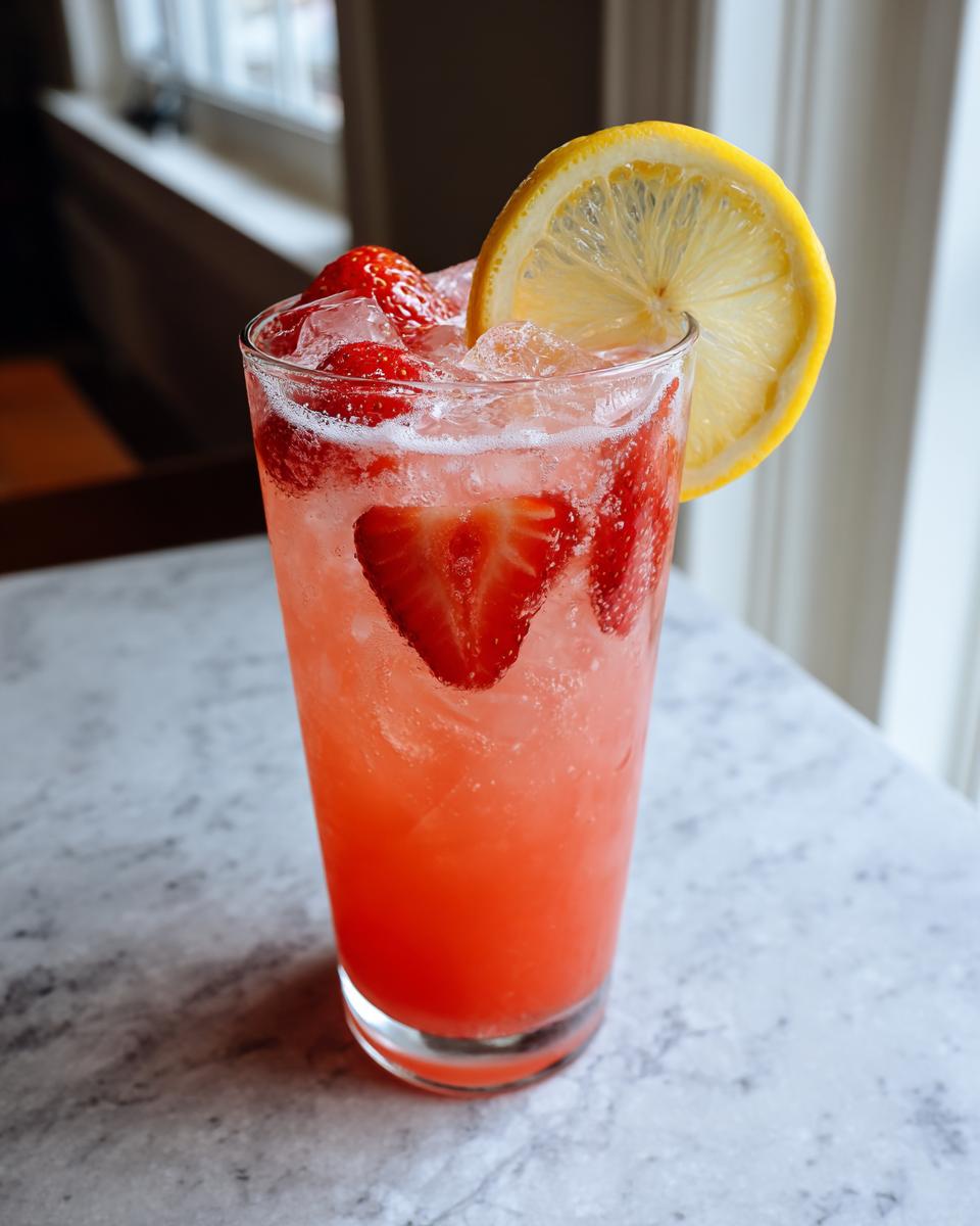 A tall glass filled with bright pink strawberry lemonade, ice, fresh strawberries, and garnished with a lemon slice.