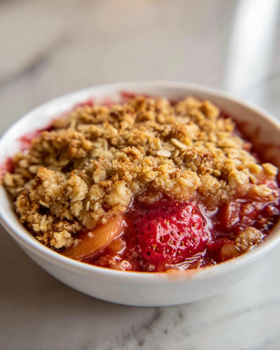 A close-up view of a warm Strawberry Rhubarb Crumble served in a small white bowl, showing the golden oat topping over bubbling fruit.