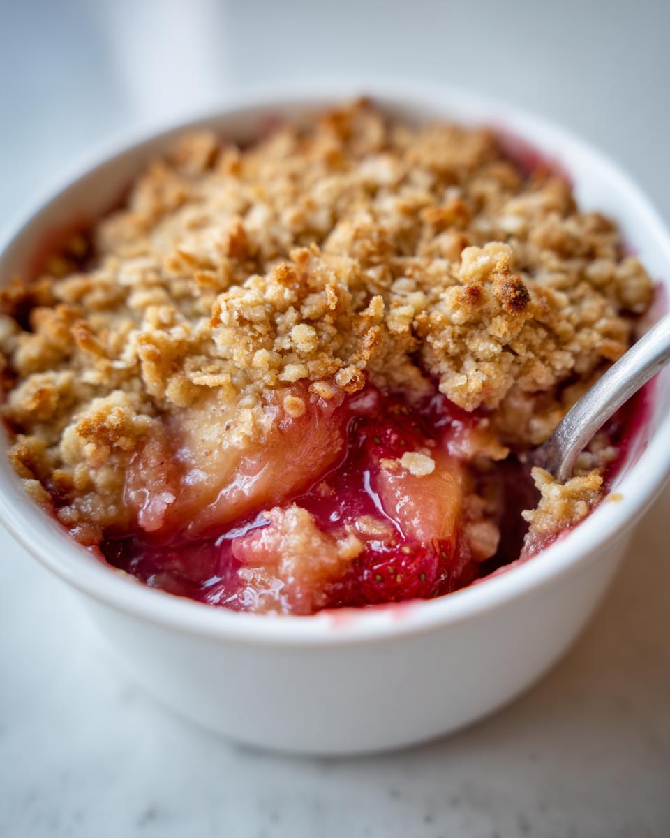 A close-up shot of a warm serving of Strawberry Rhubarb Crumble in a white ramekin, showing the juicy fruit filling and crunchy topping.