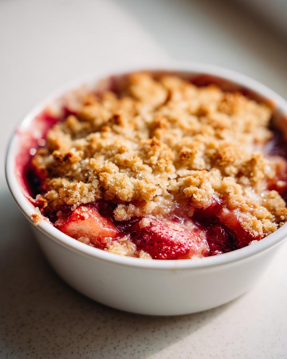 Close-up of a warm, bubbling single serving of Strawberry Rhubarb Crumble topped with golden, crunchy topping in a white ramekin.