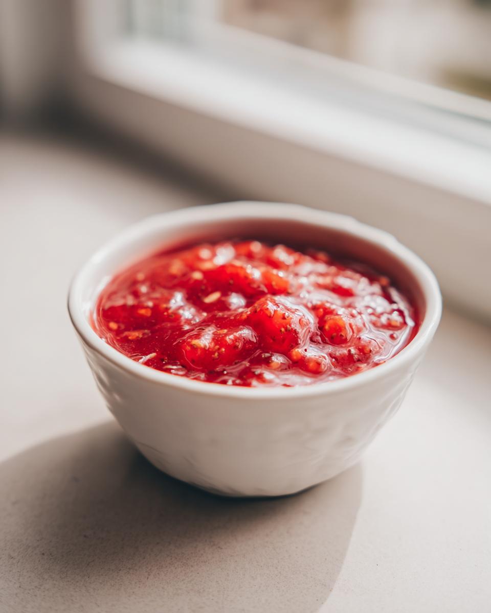 Close-up of chunky, bright red Strawberry rhubarb sauce served in a small white bowl near a window.