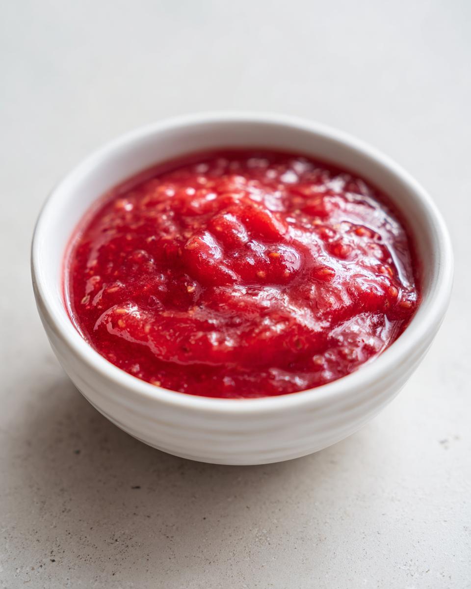 A close-up view of vibrant, chunky strawberry rhubarb sauce served in a small white bowl.