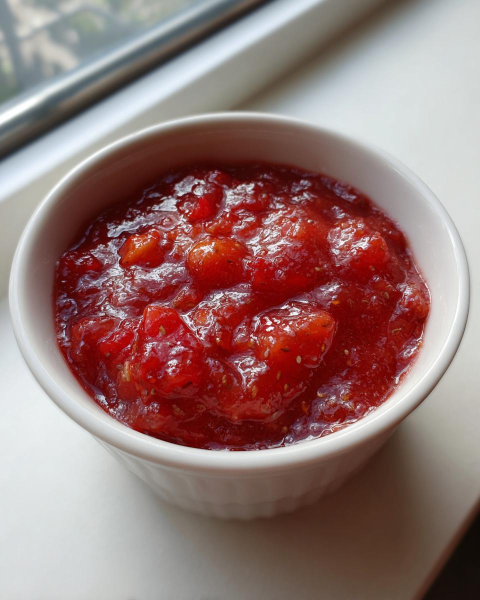 A close-up of thick, vibrant red Strawberry rhubarb sauce with visible fruit chunks in a small white ramekin.