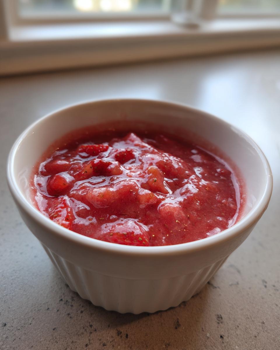 Close-up of chunky, vibrant red strawberry rhubarb sauce served in a small white ramekin.