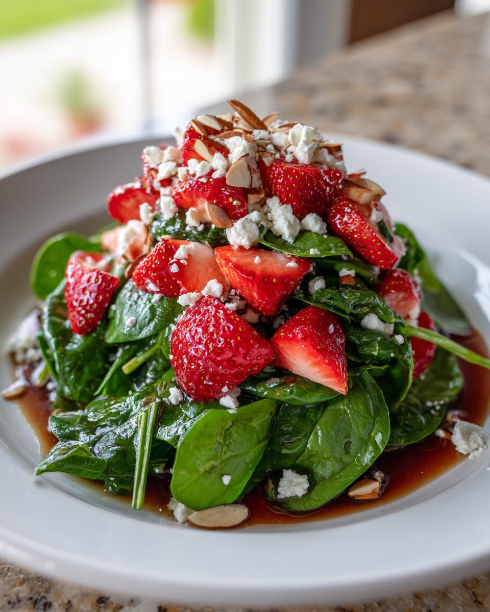 A vibrant mound of Strawberry spinach salad featuring fresh spinach, sliced strawberries, feta cheese, and slivered almonds.