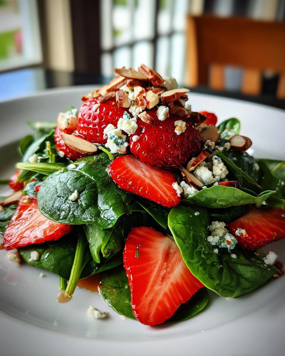 A vibrant close-up of a Strawberry spinach salad featuring fresh spinach, sliced strawberries, crumbled blue cheese, and slivered almonds.
