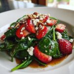 Close-up of a vibrant Strawberry spinach salad featuring fresh spinach, sliced strawberries, feta cheese, and slivered almonds.