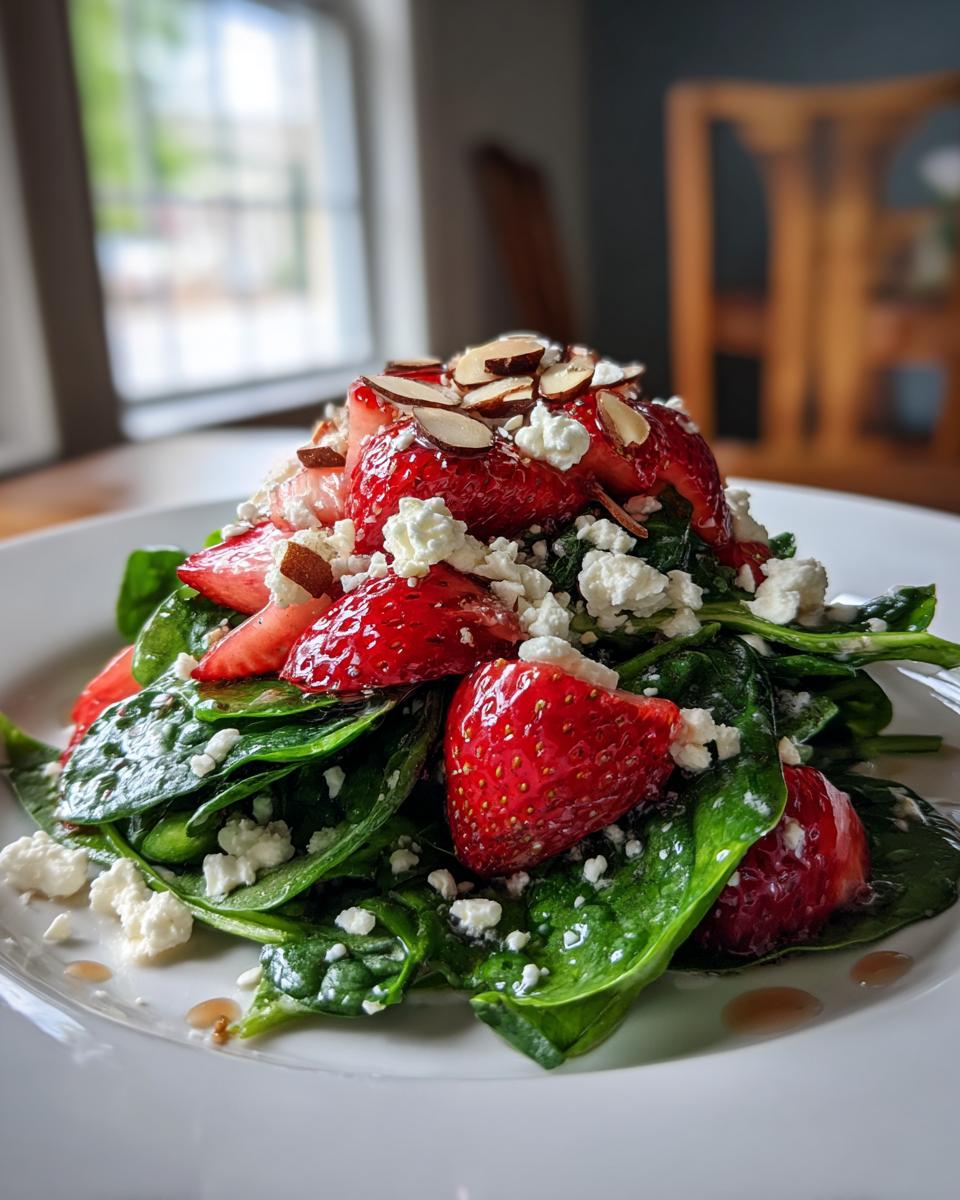 A vibrant close-up of a Strawberry spinach salad featuring fresh spinach, sliced strawberries, crumbled feta cheese, and sliced almonds.