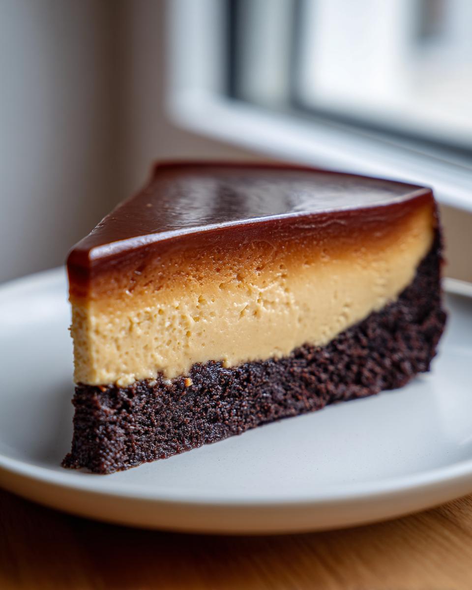 A perfect slice of Chocoflan showing the dark chocolate cake base, creamy flan center, and glossy caramel topping.