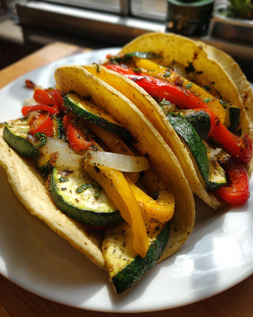 Close-up of three soft corn tortillas filled with seasoned, roasted summer squash, bell peppers, and onions for Summer squash sheet pan tacos.