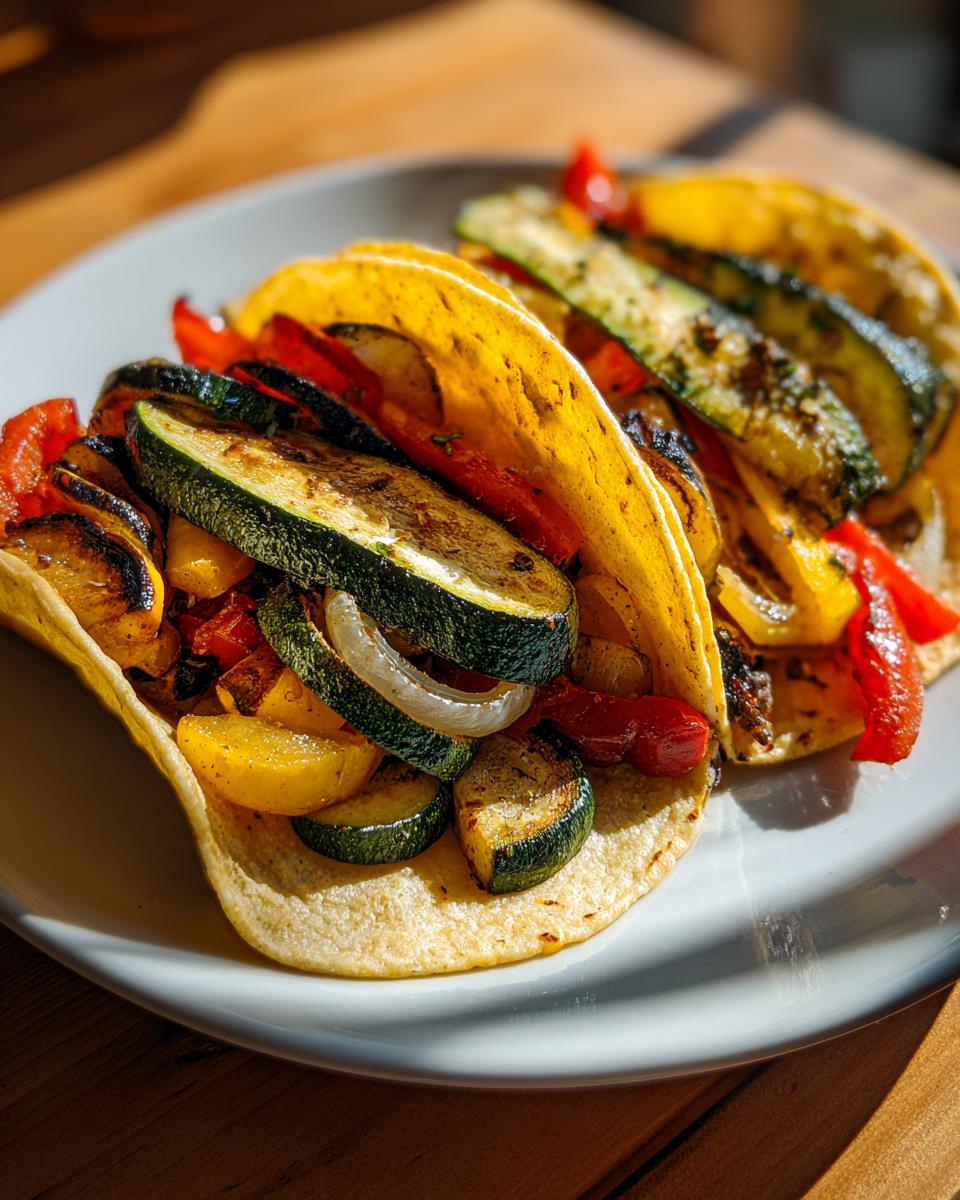 Two corn tortillas filled with grilled zucchini, yellow squash, red peppers, and onions for Summer squash sheet pan tacos.