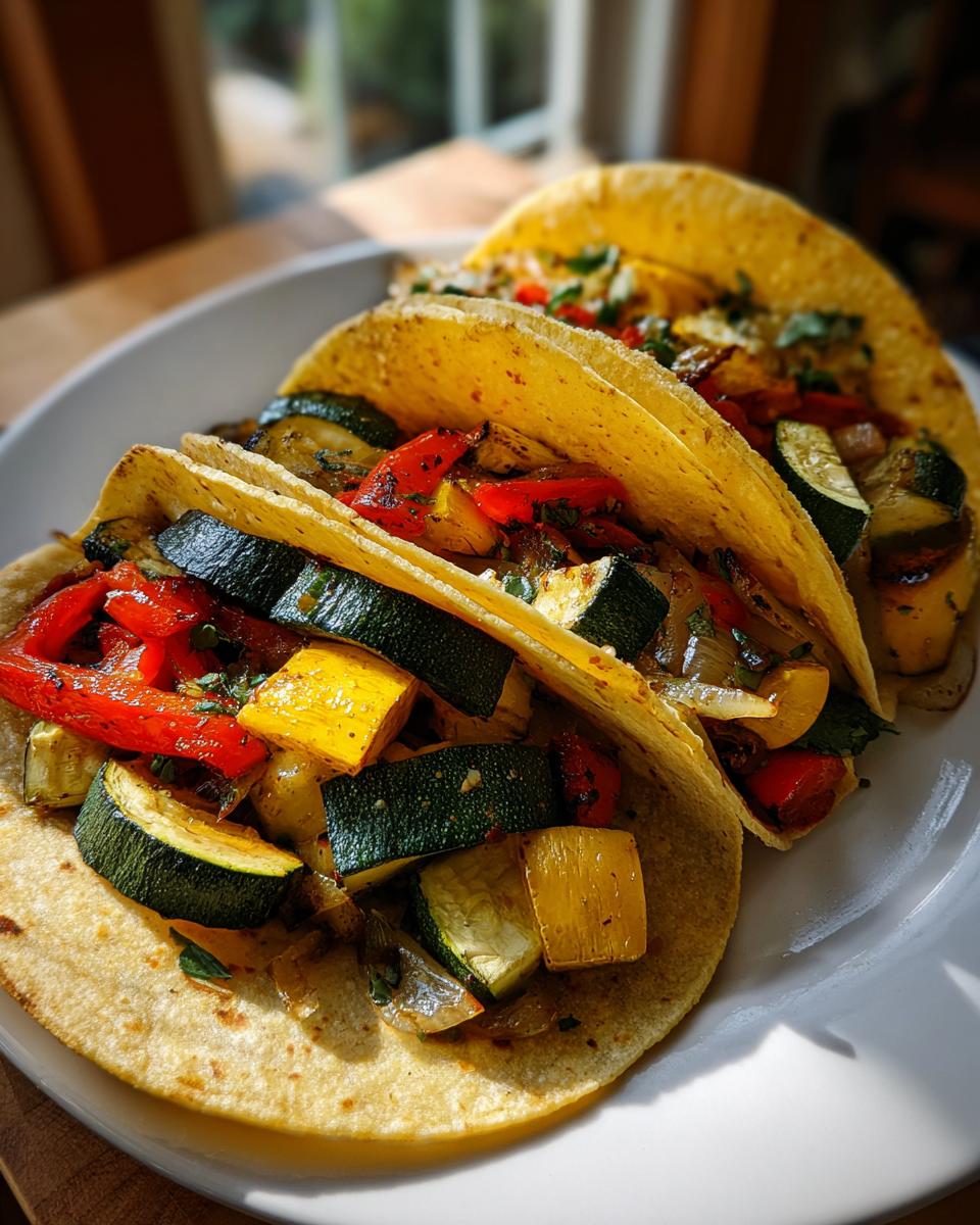 Close-up of three corn tortillas filled with roasted summer squash, peppers, and onions for Summer squash sheet pan tacos.