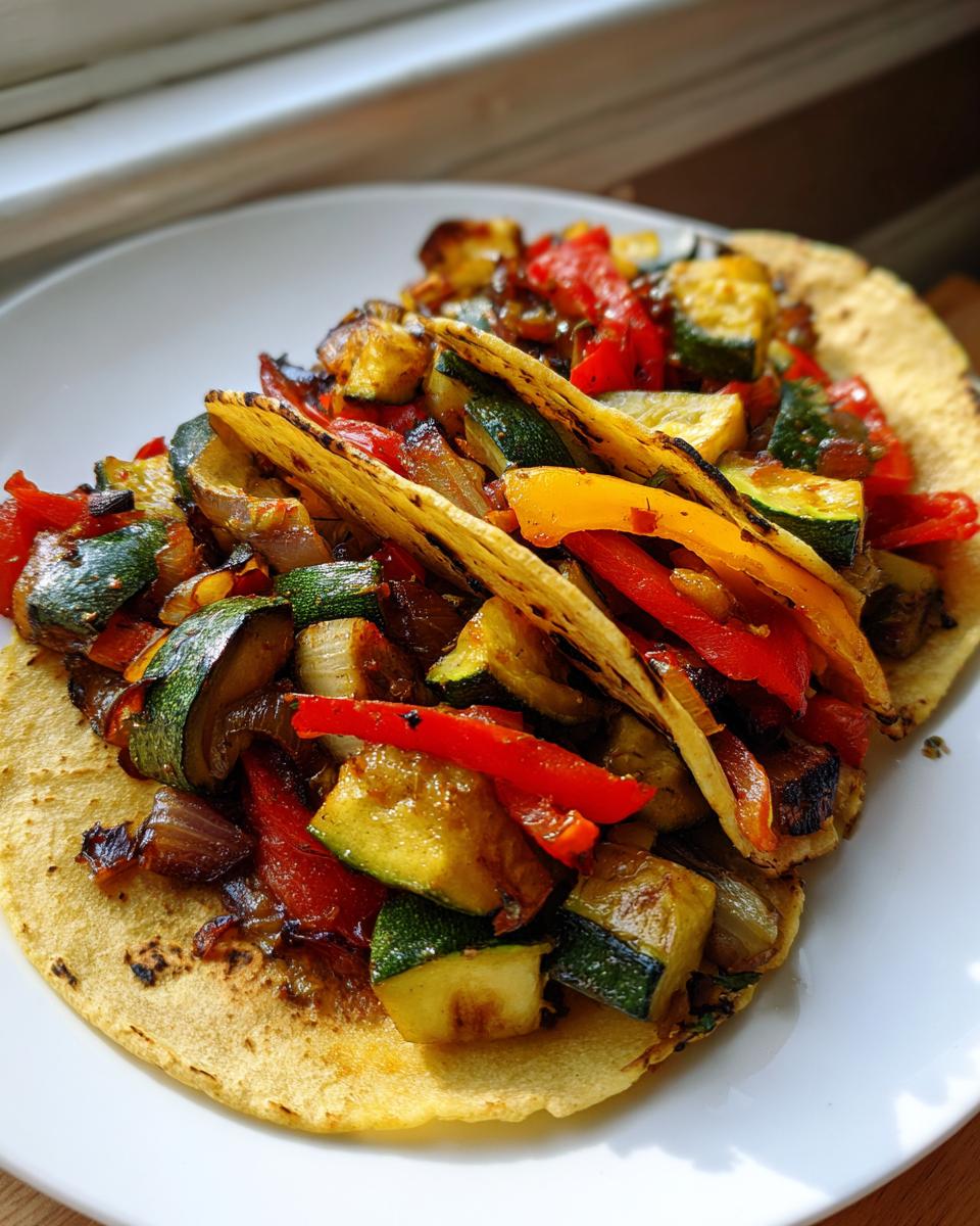 Close-up of two corn tortillas filled with roasted summer squash, red peppers, and onions for Summer squash sheet pan tacos.