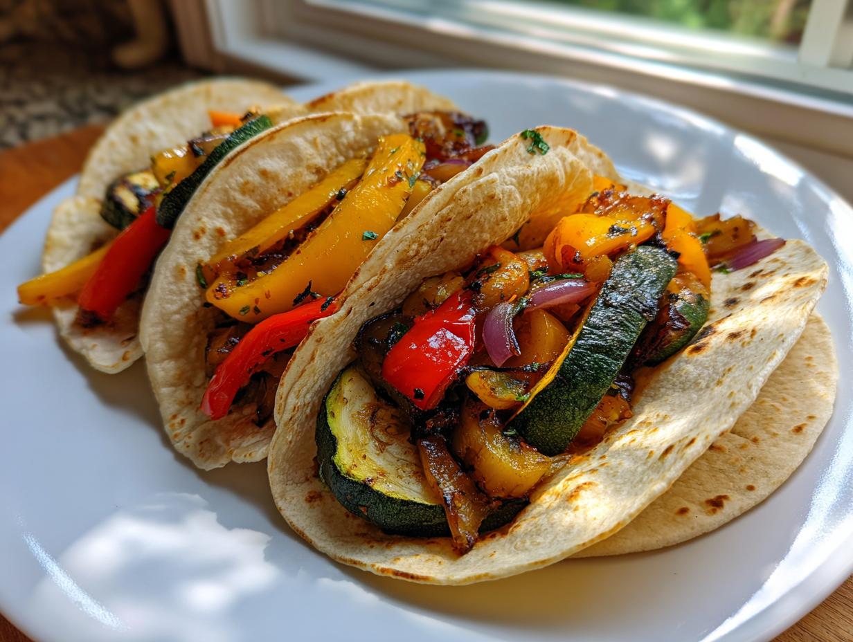 Three soft tortillas filled with roasted summer squash, peppers, and onions for amazing Summer squash sheet pan tacos.
