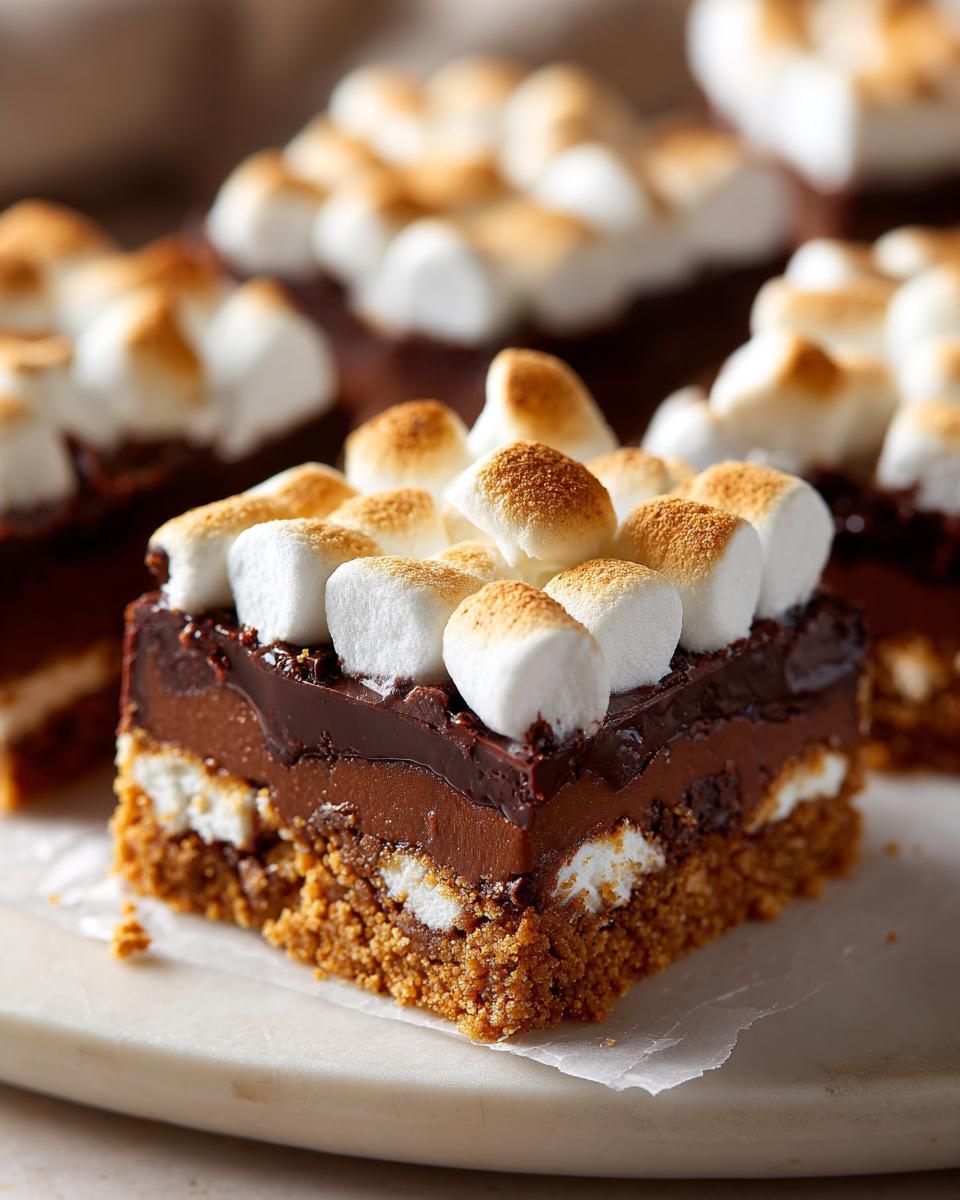 A decadent square of S'mores bars featuring a graham cracker crust, chocolate layers, and toasted marshmallows on top.