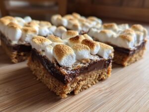 Close-up of a square portion of S'mores bars showing a graham cracker crust, chocolate layer, and toasted marshmallows on top.
