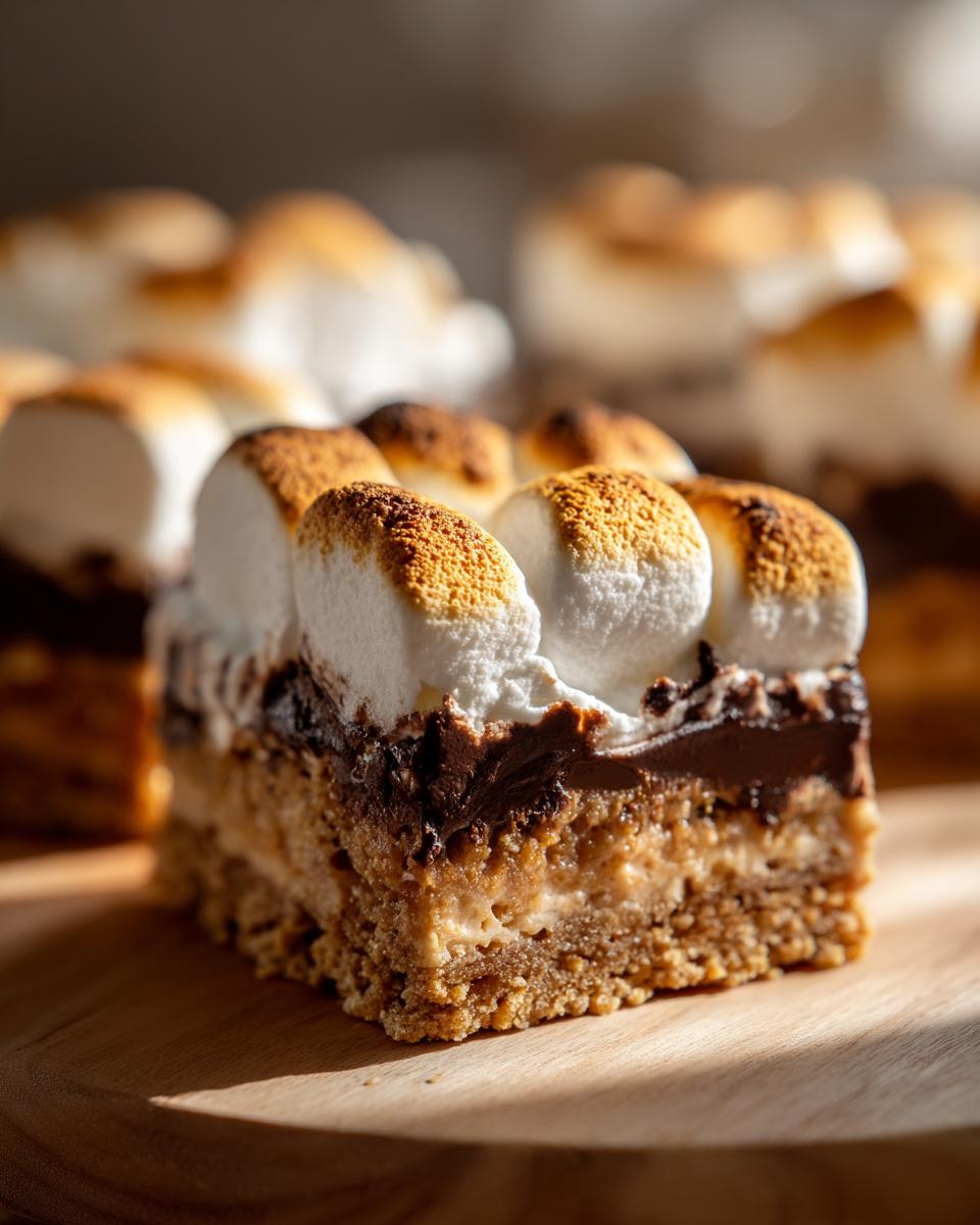 A decadent, layered slice of S'mores bars featuring a graham cracker crust, chocolate, and toasted marshmallows on top.