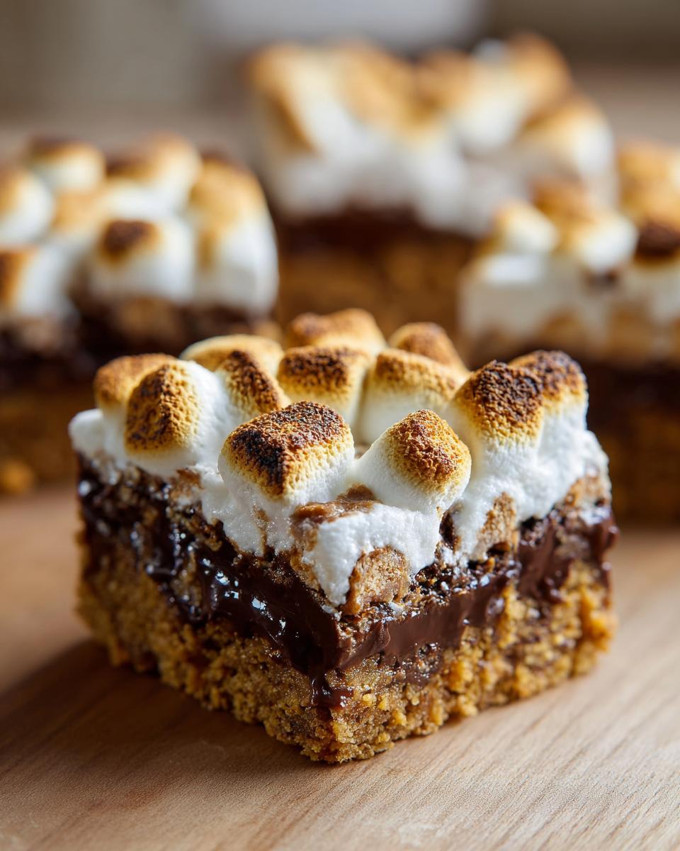 A single, decadent square of S'mores bars featuring a graham cracker crust, melted chocolate, and toasted marshmallows on top.