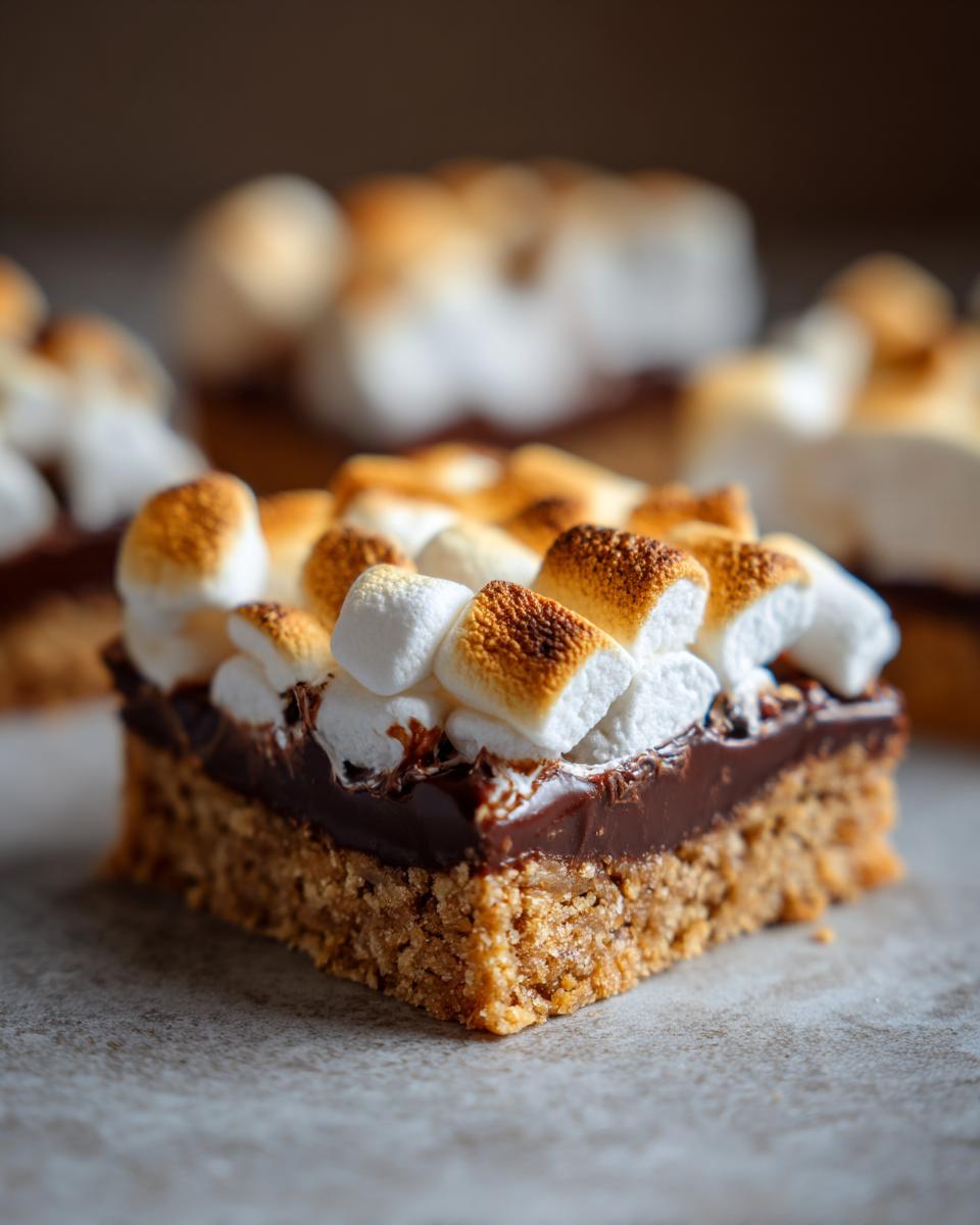 A single, decadent square of S'mores bars showing a graham cracker crust, melted chocolate, and toasted marshmallows on top.