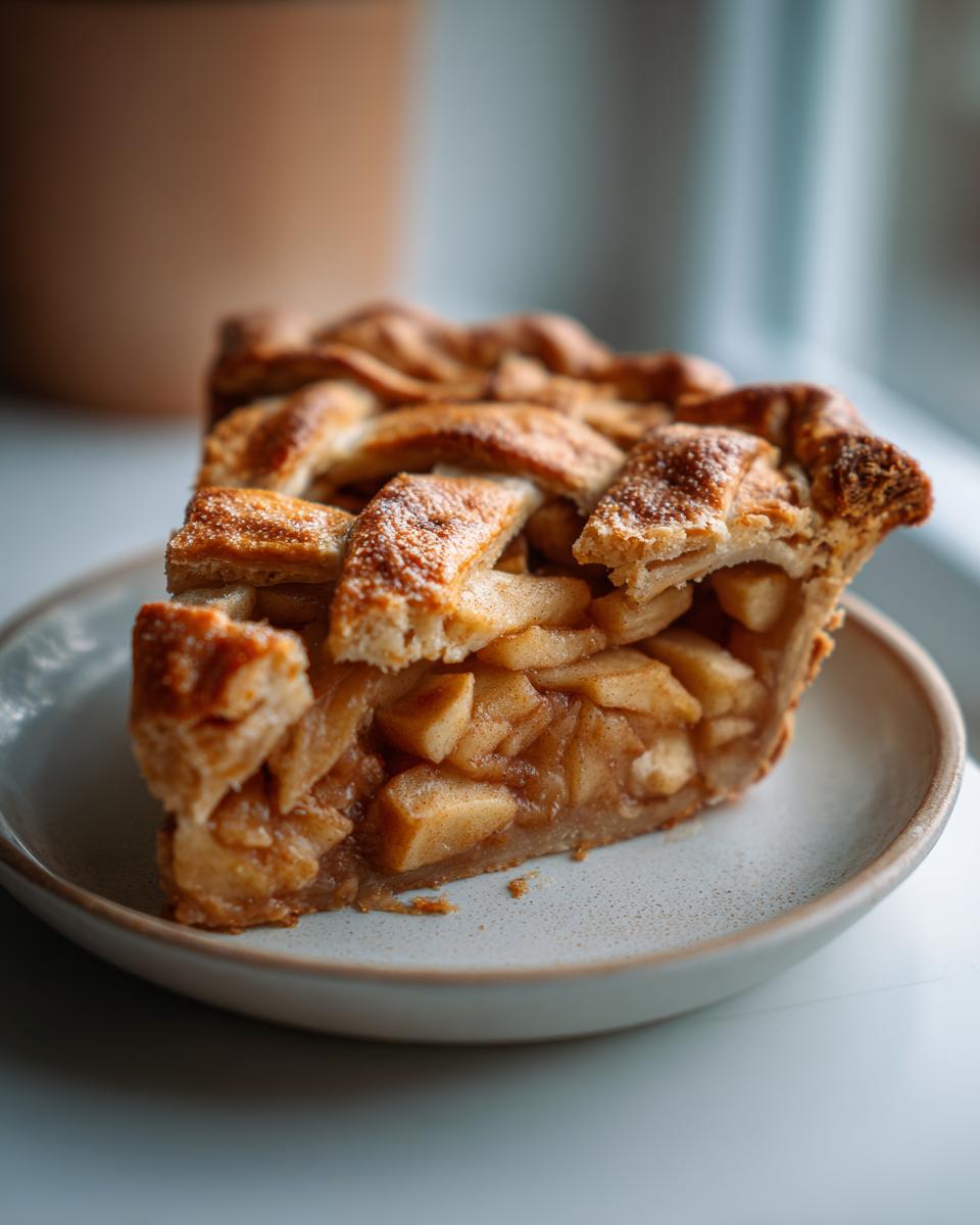 Close-up of a generous slice of Traditional apple pie featuring a golden lattice crust and chunky cinnamon-spiced apple filling.