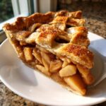 Close-up of a thick slice of traditional apple pie featuring a lattice crust sprinkled with sugar and rich apple filling.