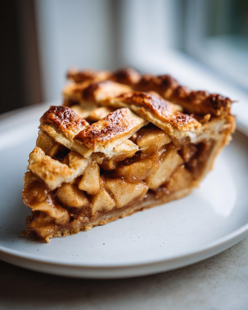 Close-up of a thick slice of traditional apple pie featuring a golden lattice crust and rich, spiced apple filling.