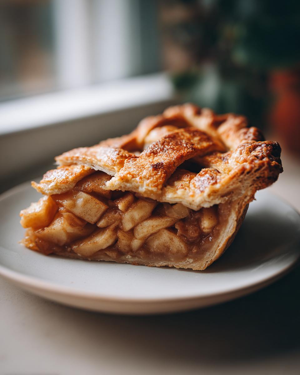 A close-up of a perfect slice of Traditional apple pie featuring a golden lattice crust and thick, spiced apple filling.