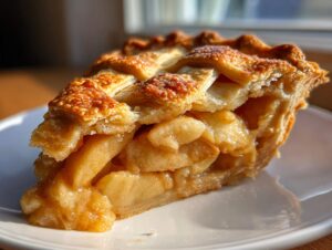 Close-up of a delicious slice of Traditional apple pie featuring a flaky lattice crust and gooey cinnamon-spiced apple filling.