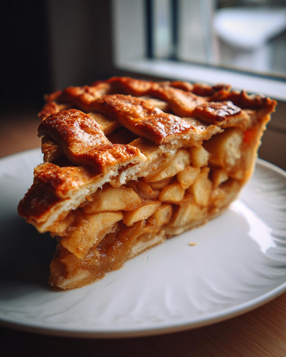 A close-up of a thick slice of Traditional apple pie featuring a golden lattice crust and chunky apple filling.