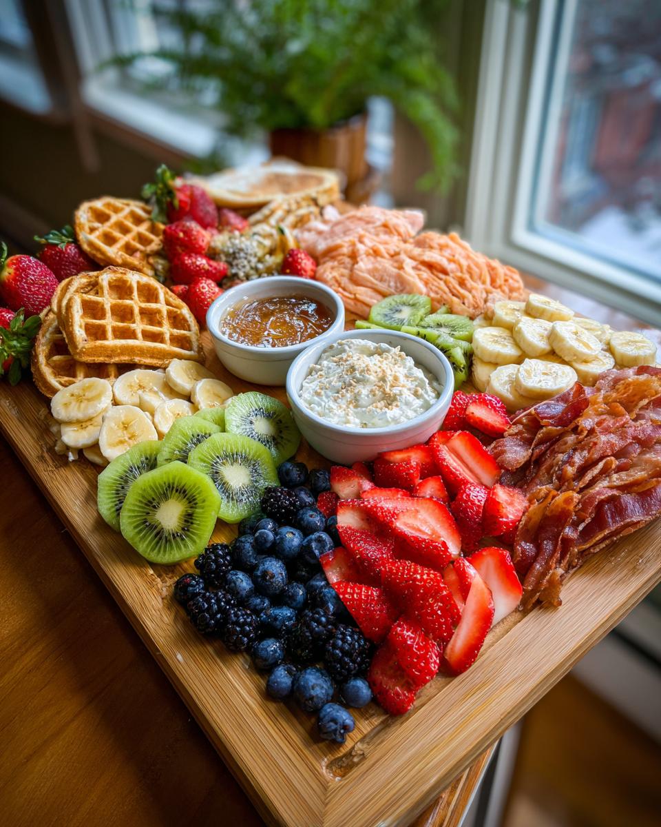 A vibrant Breakfast Grazing Board featuring waffles, smoked salmon, bacon, and fresh berries, kiwi, and banana slices.
