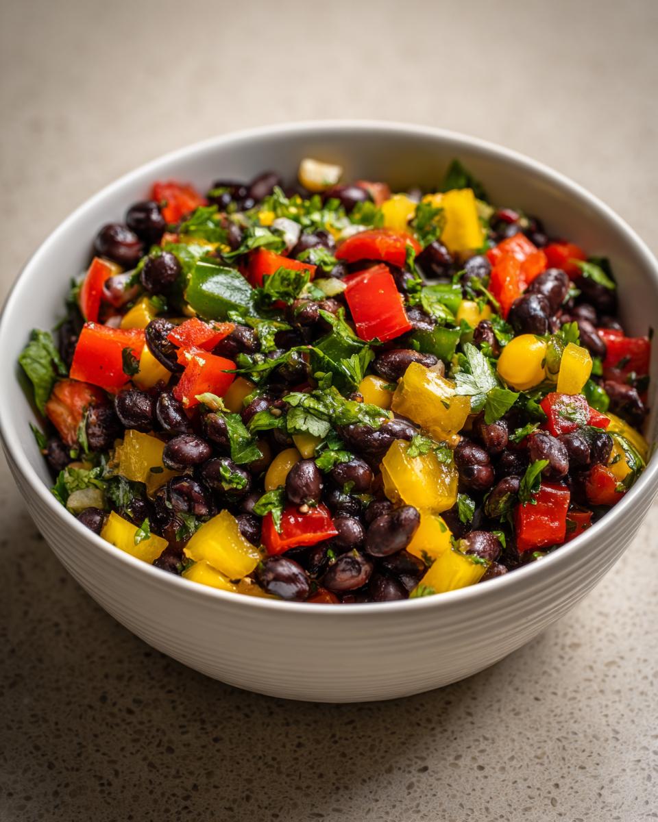 Close-up of a white bowl filled with fresh Cowboy Caviar, featuring black beans, red and yellow bell peppers, and cilantro.