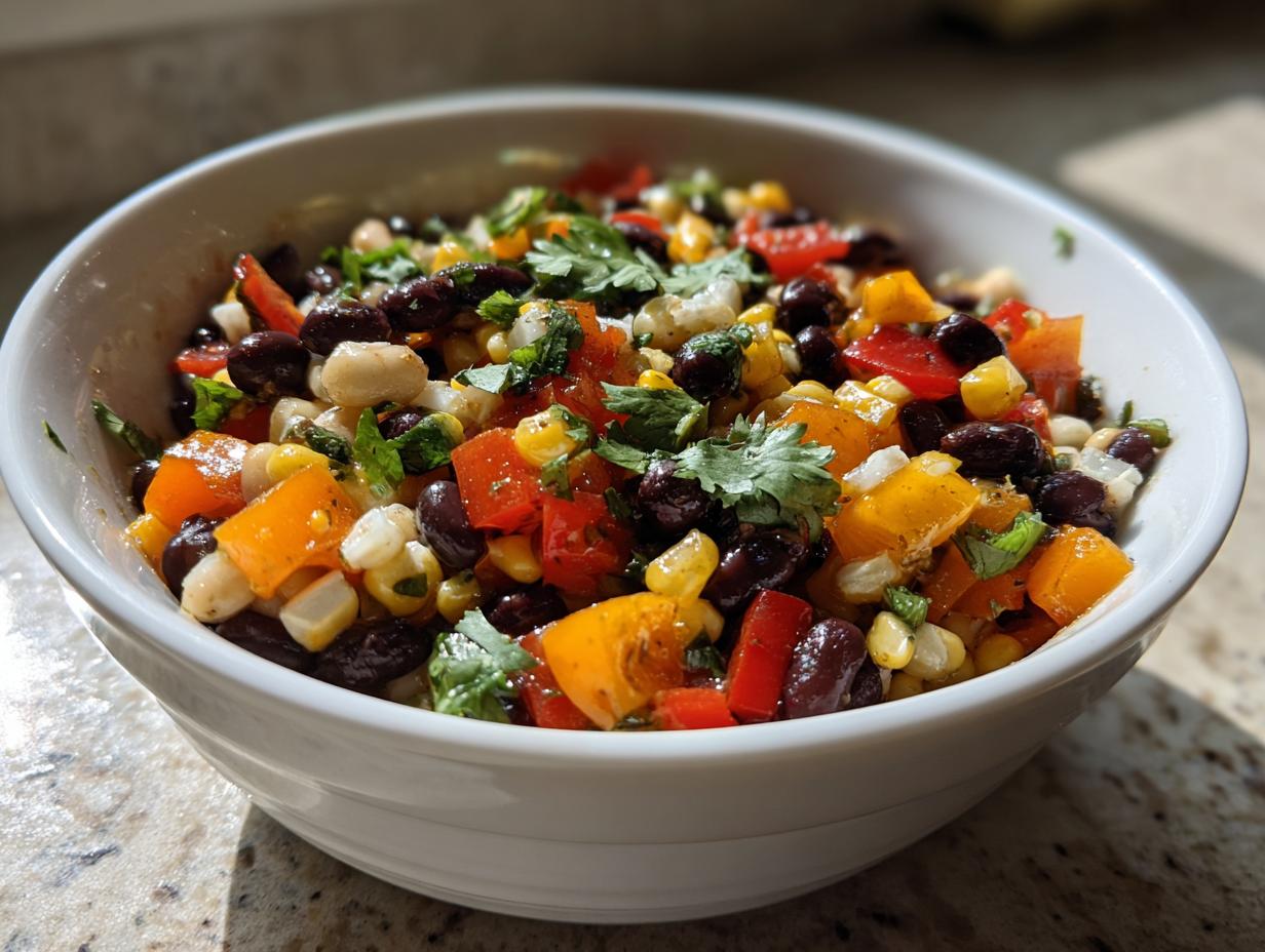 A close-up of a white bowl filled with colorful Cowboy Caviar dip featuring black beans, corn, bell peppers, and cilantro.