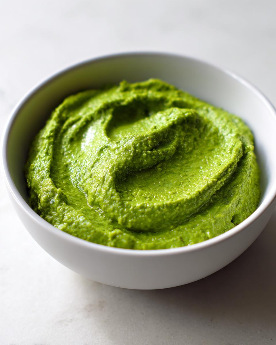 Close-up of vibrant green Greek goddess dip swirled beautifully in a small white bowl.