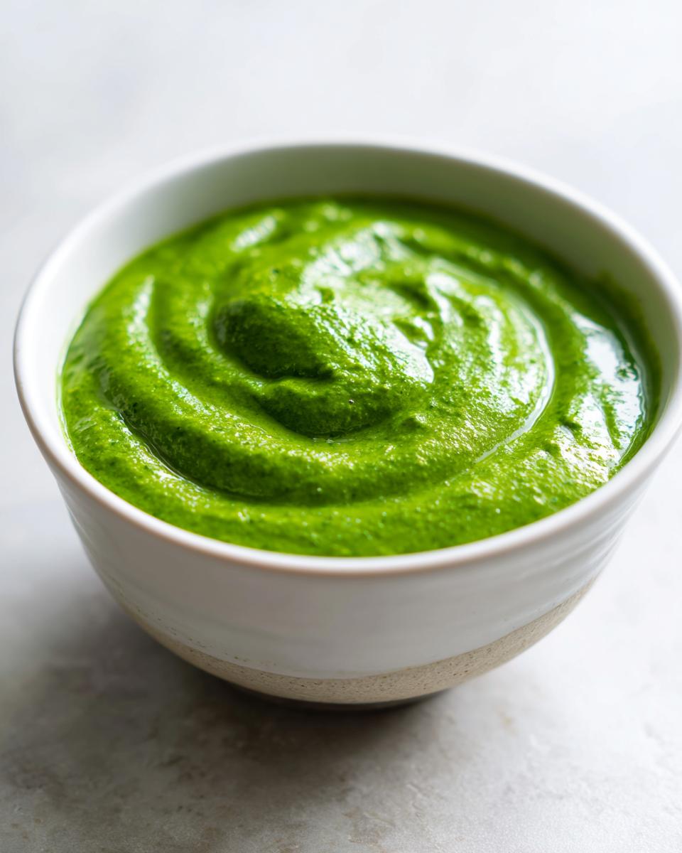 Close-up of vibrant green Greek goddess dip swirled beautifully in a small, rustic white ceramic bowl.