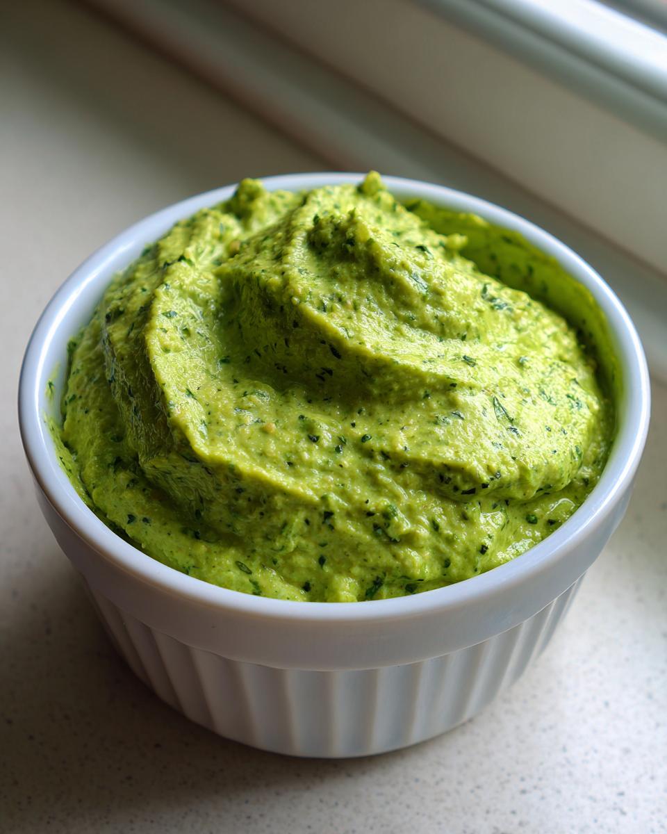 Close-up of thick, bright green Greek goddess dip swirled in a small white ramekin.