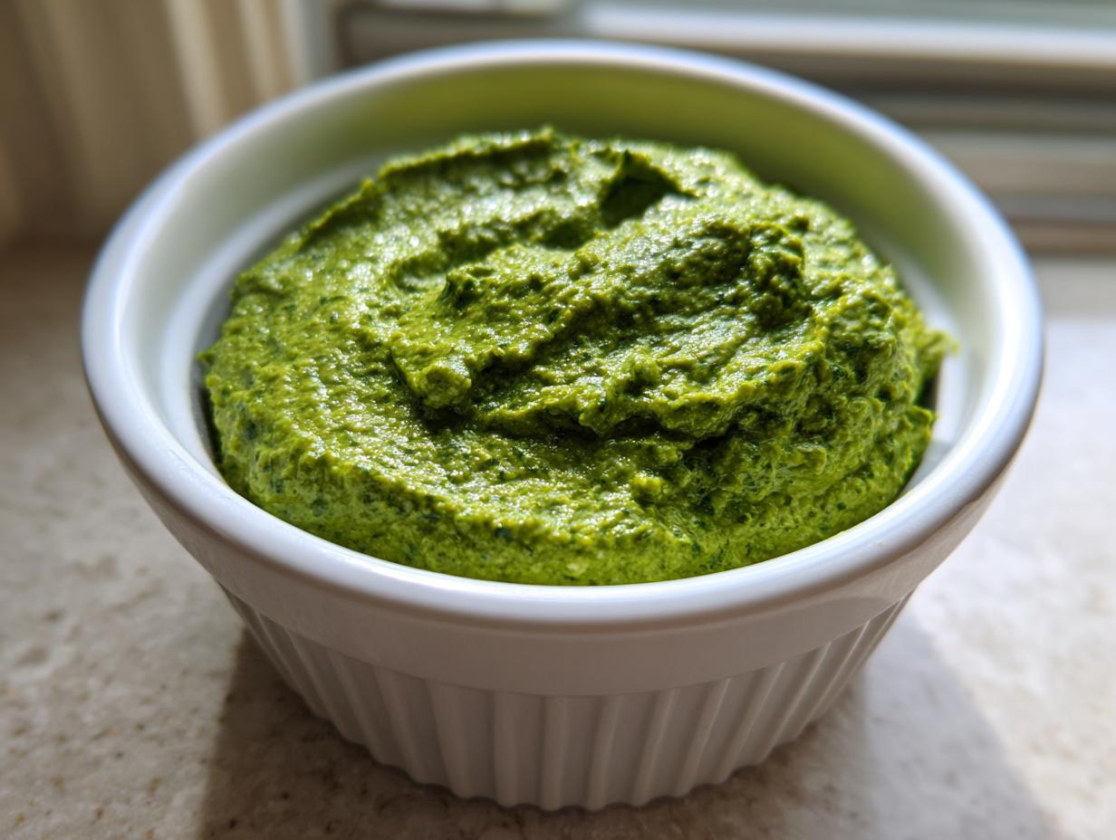 Close-up of a vibrant green, thick Greek goddess dip served in a small, white, fluted ramekin.