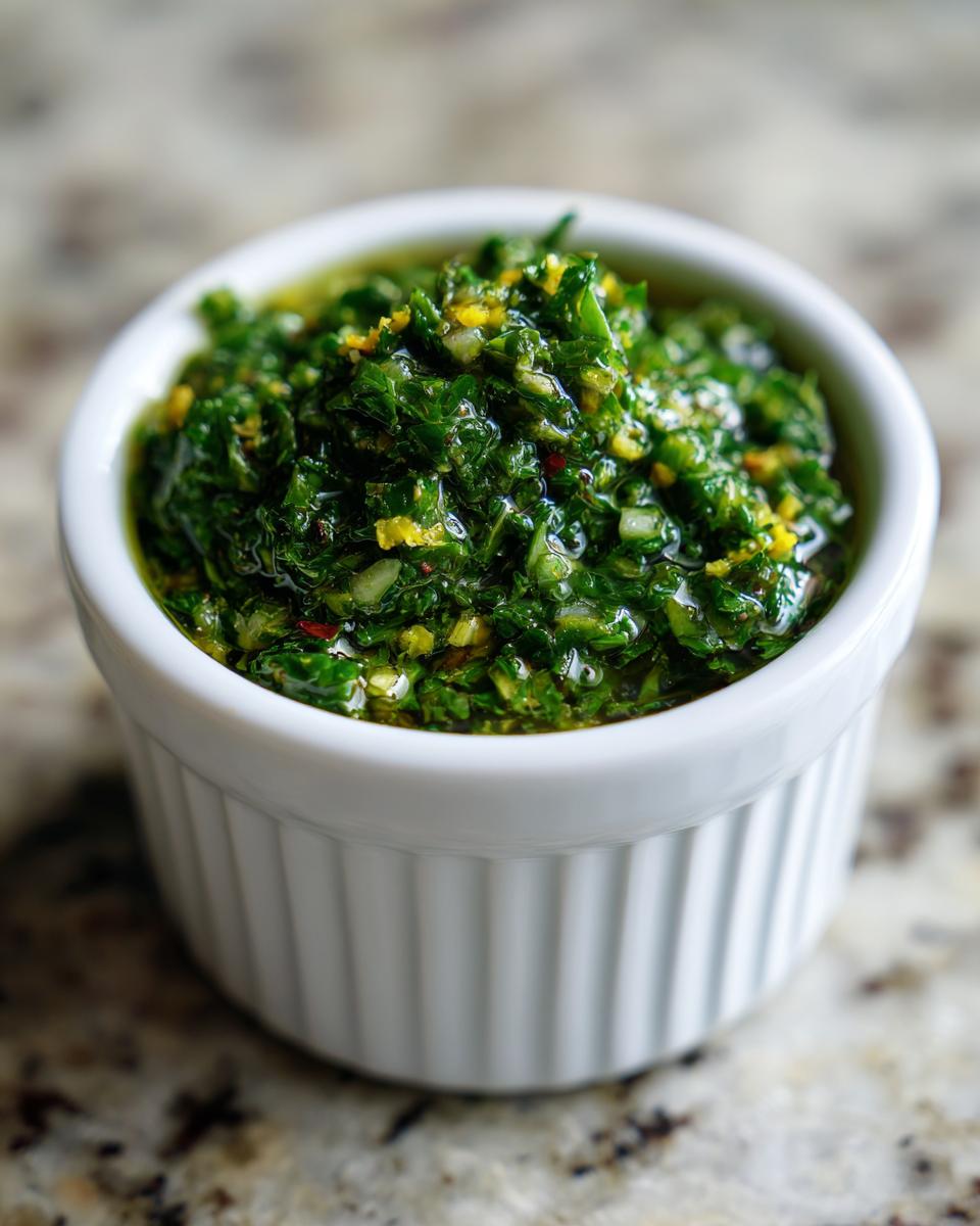 Close-up of bright green, oily Mint gremolata mixture, featuring chopped herbs and lemon zest, served in a white fluted ramekin.