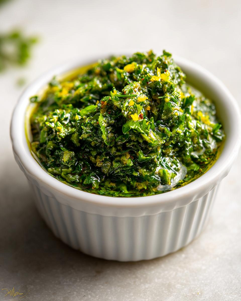 Close-up of bright green, textured Mint gremolata seasoned with lemon zest in a small white bowl.