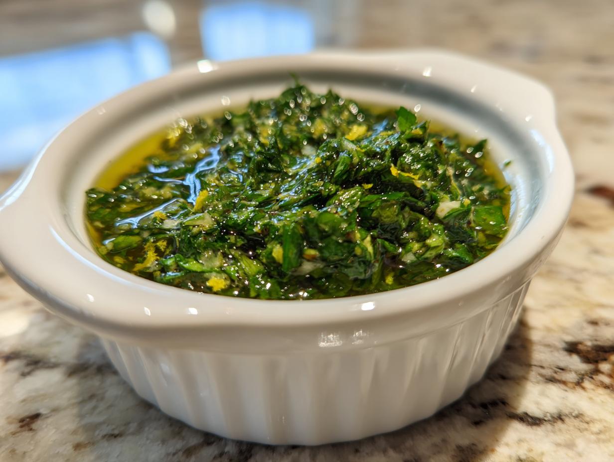 Close-up of vibrant green Mint gremolata mixed with olive oil in a small white serving dish.