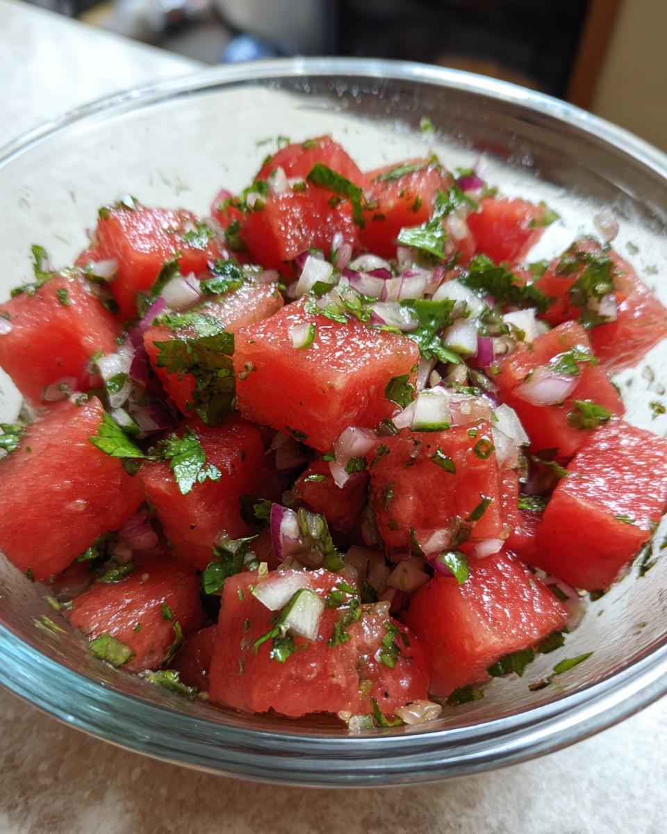 Close-up of vibrant Watermelon salsa cubes mixed with red onion and cilantro in a clear bowl.