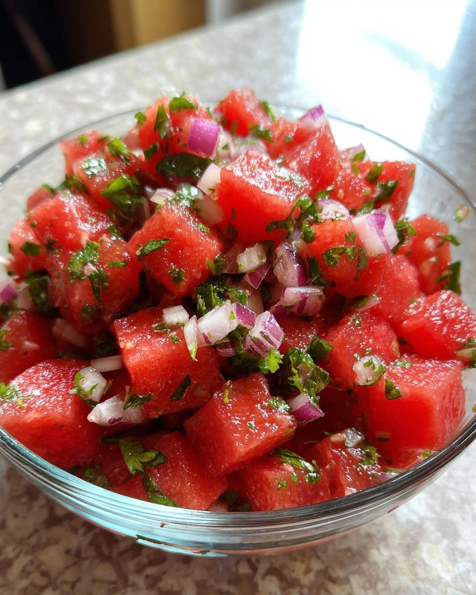 Close-up of vibrant Watermelon salsa cubes mixed with red onion and cilantro in a clear bowl.