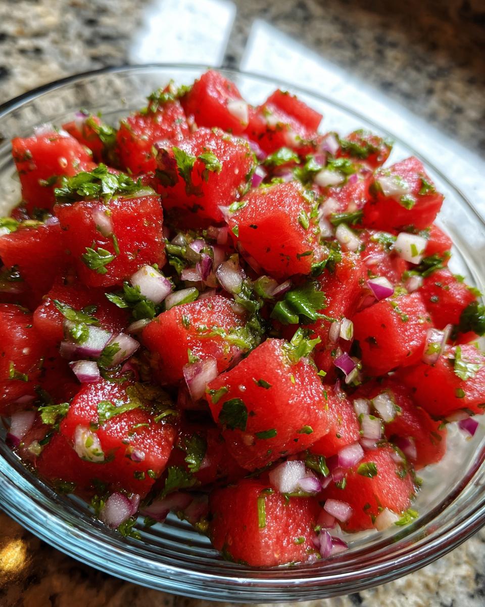 Close-up view of vibrant Watermelon salsa featuring diced red watermelon, finely chopped red onion, and fresh cilantro.