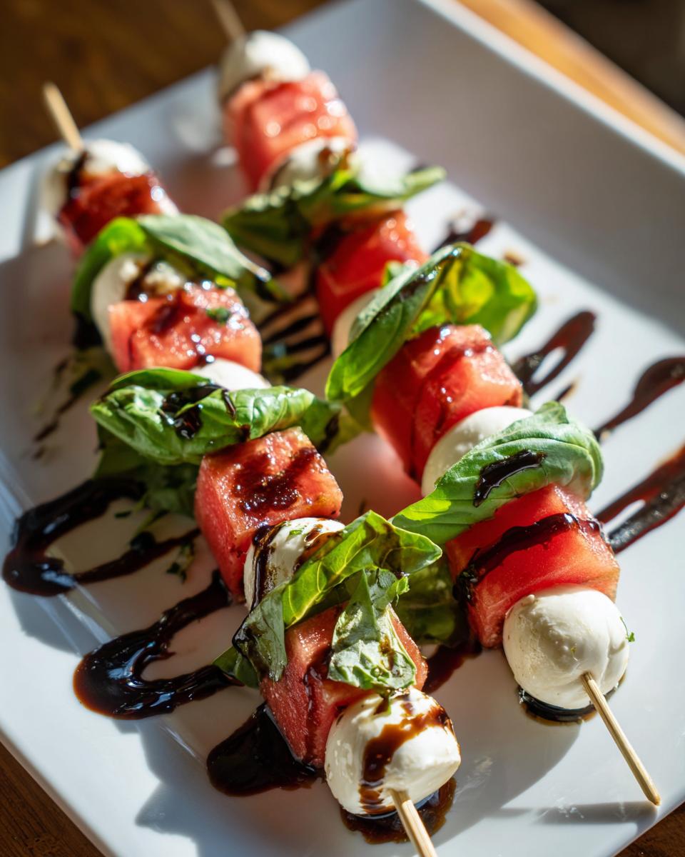 Two skewers of Watermelon Caprese skewers featuring watermelon cubes, mozzarella balls, and basil leaves, drizzled with balsamic glaze.