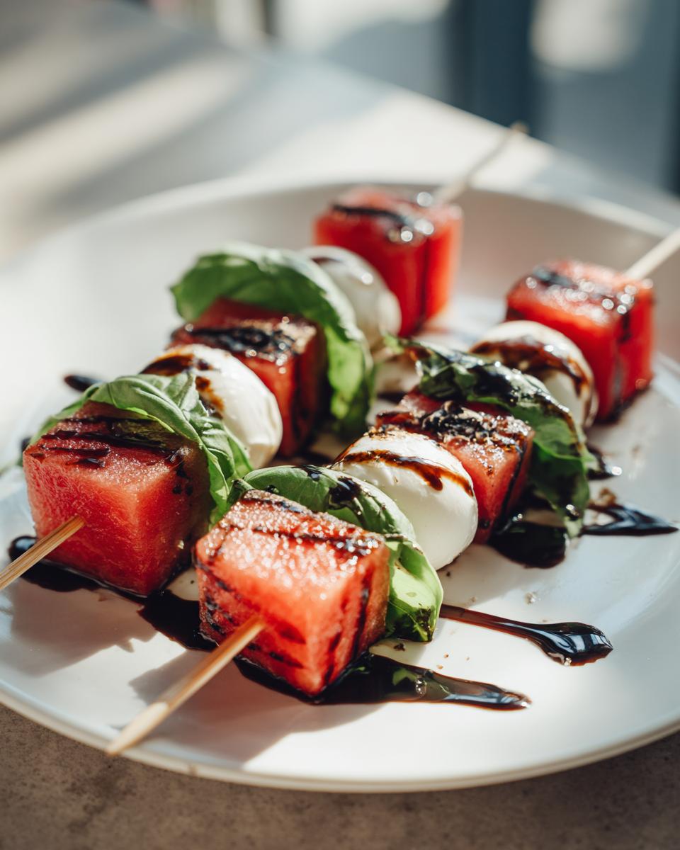 Close-up of grilled watermelon caprese skewers featuring mozzarella balls, fresh basil, and a drizzle of balsamic glaze.
