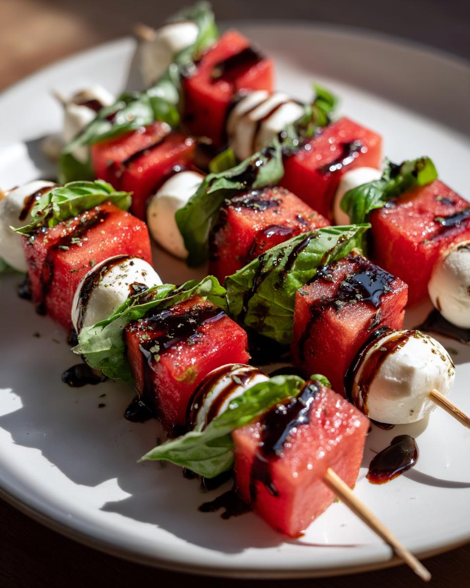Close-up of several Watermelon Caprese Skewers featuring cubes of red watermelon, fresh mozzarella balls, and basil leaves, drizzled with balsamic glaze.