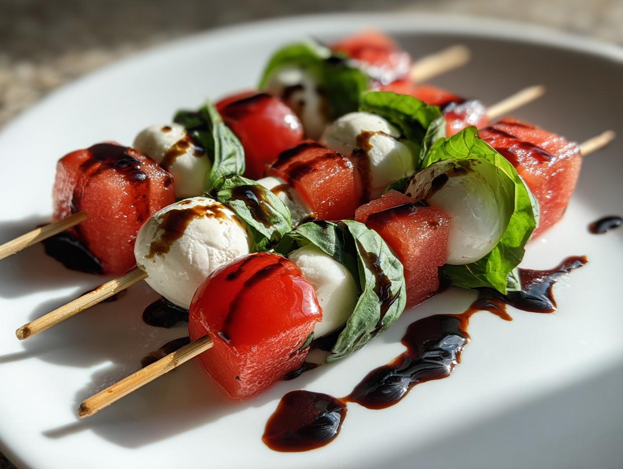 Close-up of two Watermelon Caprese Skewers featuring watermelon, mozzarella balls, basil, and drizzled with balsamic glaze.
