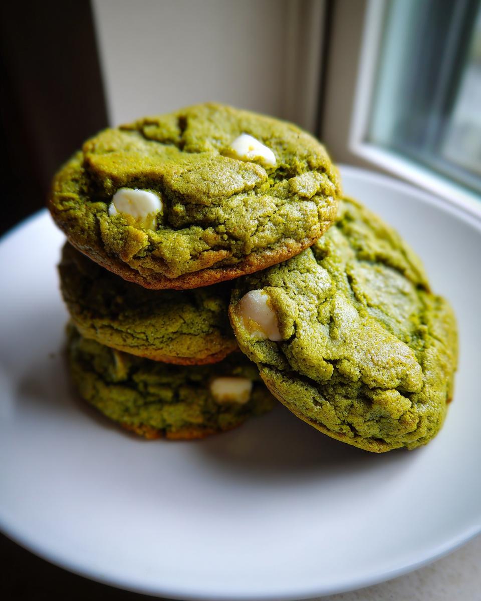 A stack of three vibrant green white chocolate chip matcha cookies resting on a white plate.