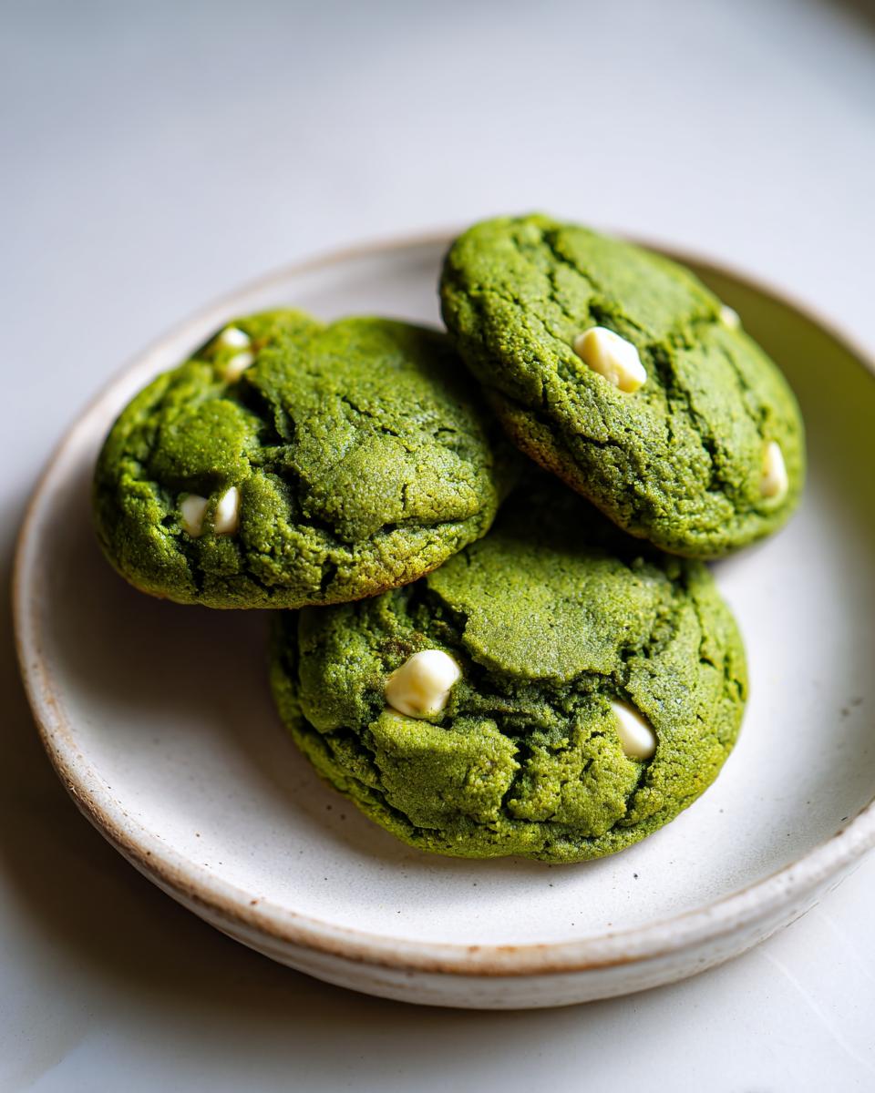 Close-up of three vibrant green White Chocolate Chip Matcha Cookies stacked on a rustic white plate.